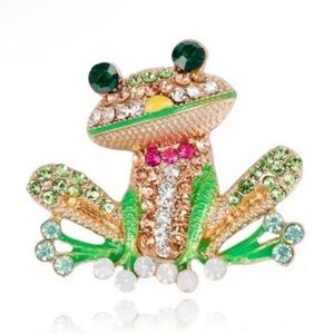 Frog, Rhinestone Multi Color Green Frog Brooch, Women’s Accessories